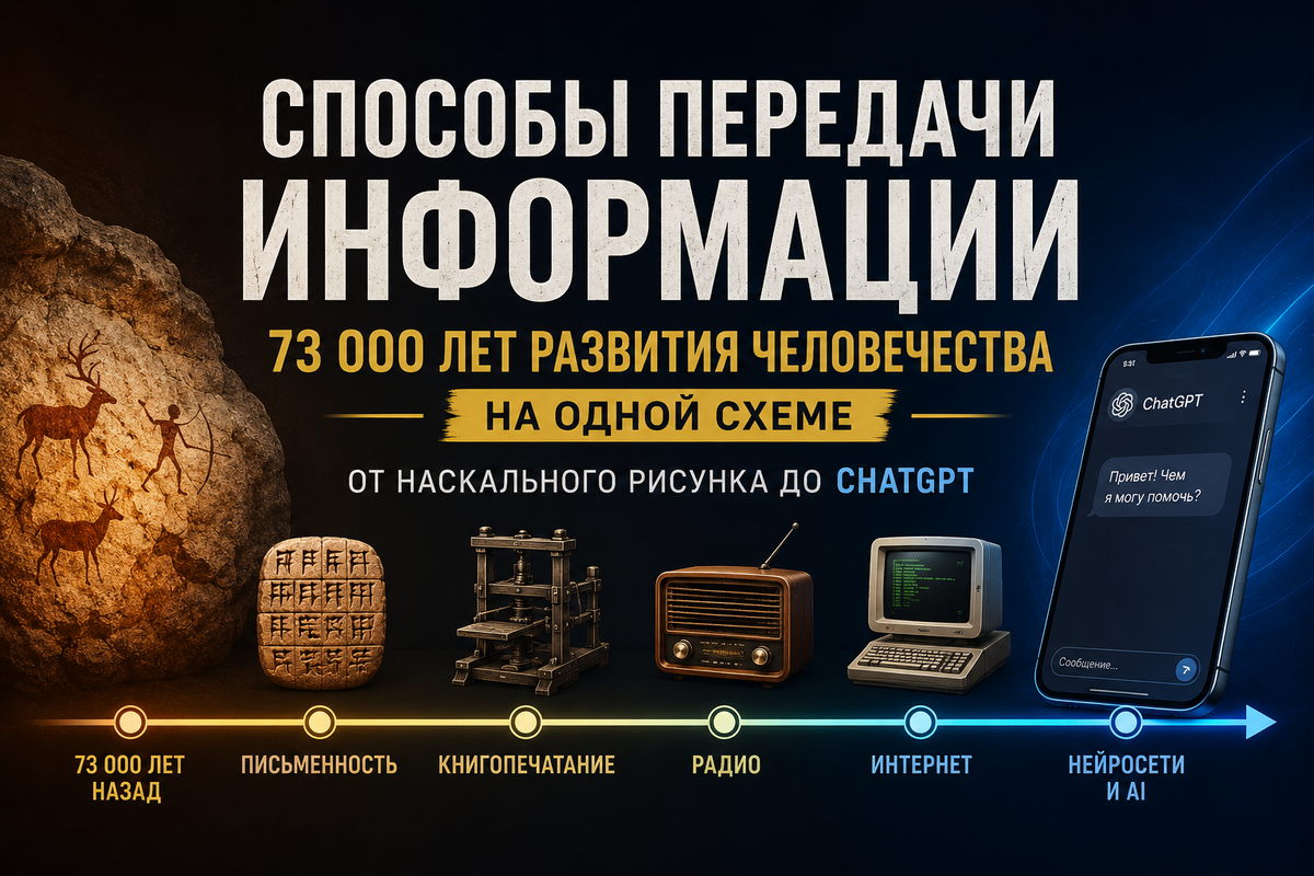 Что общего между наскальным рисунком и ChatGPT?

На первый взгляд — ничего. Но оба являются частью одной цепочки длиной 73 тысячи лет. От первых изображений на стенах пещер до нейросетей, которые уже умеют создавать тексты, музыку и изображения.