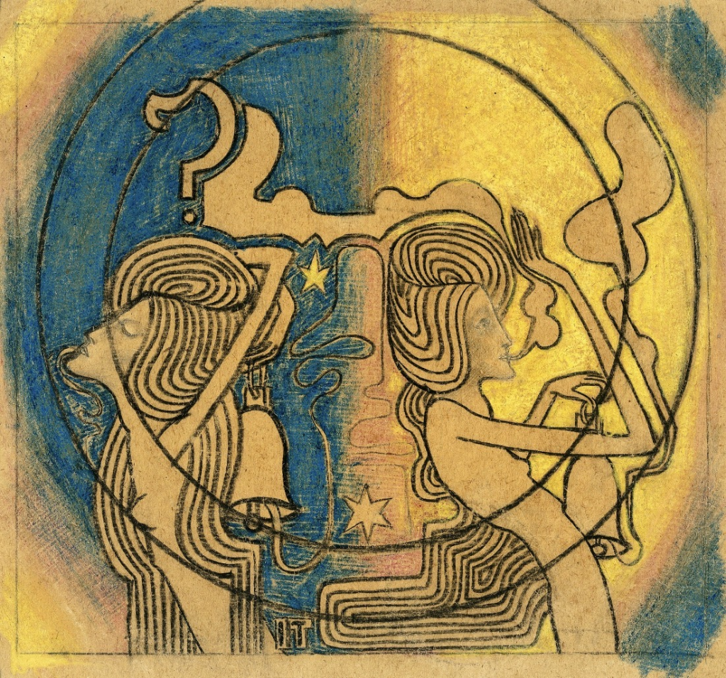 Two stylized female figures with clock in hand (1868) by Jan Toorop.