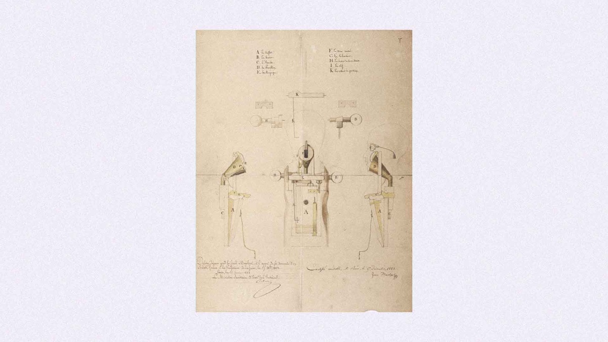 Чертеж из патента № 1BA1907 Mécanique dite poupée parlante (Механизм, именуемый говорящей куклой) изобретателя Иоганна Непомука Мельцеля, Франция, 1823
Из архива Национального института промышленной собственности INPI