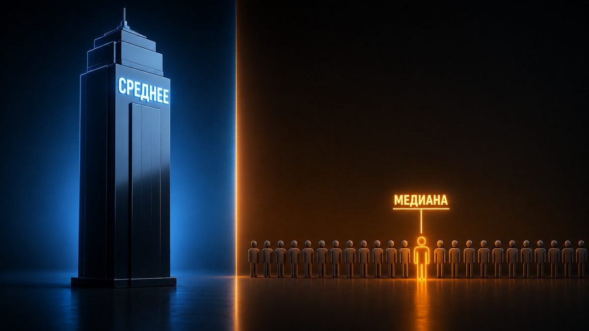 Визуальное сравнение понятий среднее и медианное значение на примере контрастных 3D-фигур и шеренги людей.