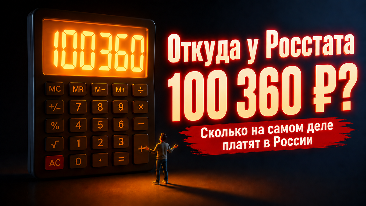 3D-иллюстрация с человеком перед огромным светящимся калькулятором, символизирующая среднюю зарплату в России и недоумение от официальной статистики.