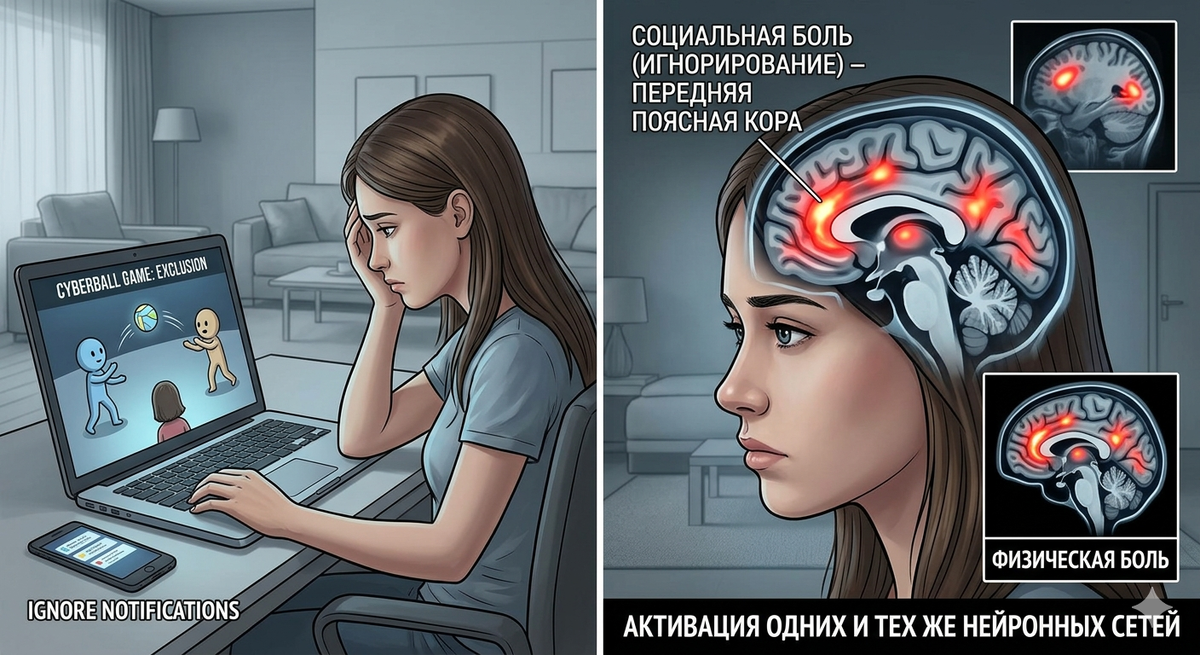 Результаты ФМРТ-сканирования в ходе эксперимента «Кибербол». Когда человека игнорируют (слева), его мозг регистрирует социальную боль (справа) так же, как и физическую. Активность передней поясной коры совпадает.