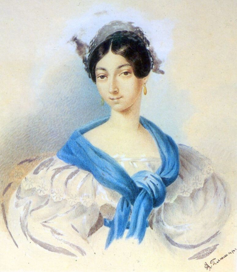 Ольга Сергеевна Павлищева, середина 1830-х годов. Акварельный портрет Е.А. Плюшара