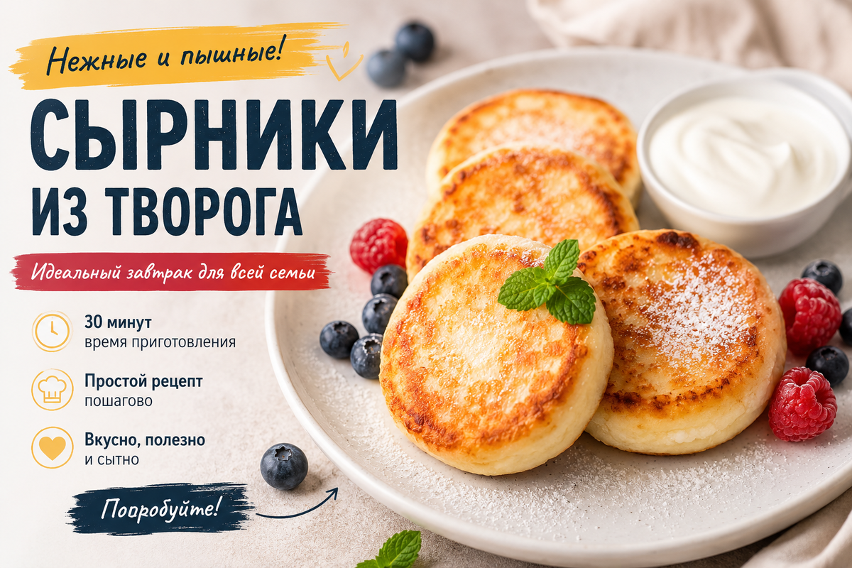 поданы пышные золотистые сырники из творога с румяной корочкой, украшенные свежей мятой, малиной и голубикой.