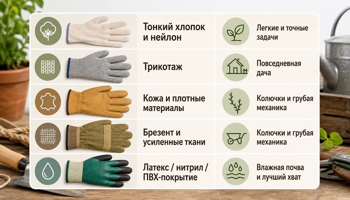 Инфографика с разными материалами садовых перчаток и их подходящими задачами в саду.