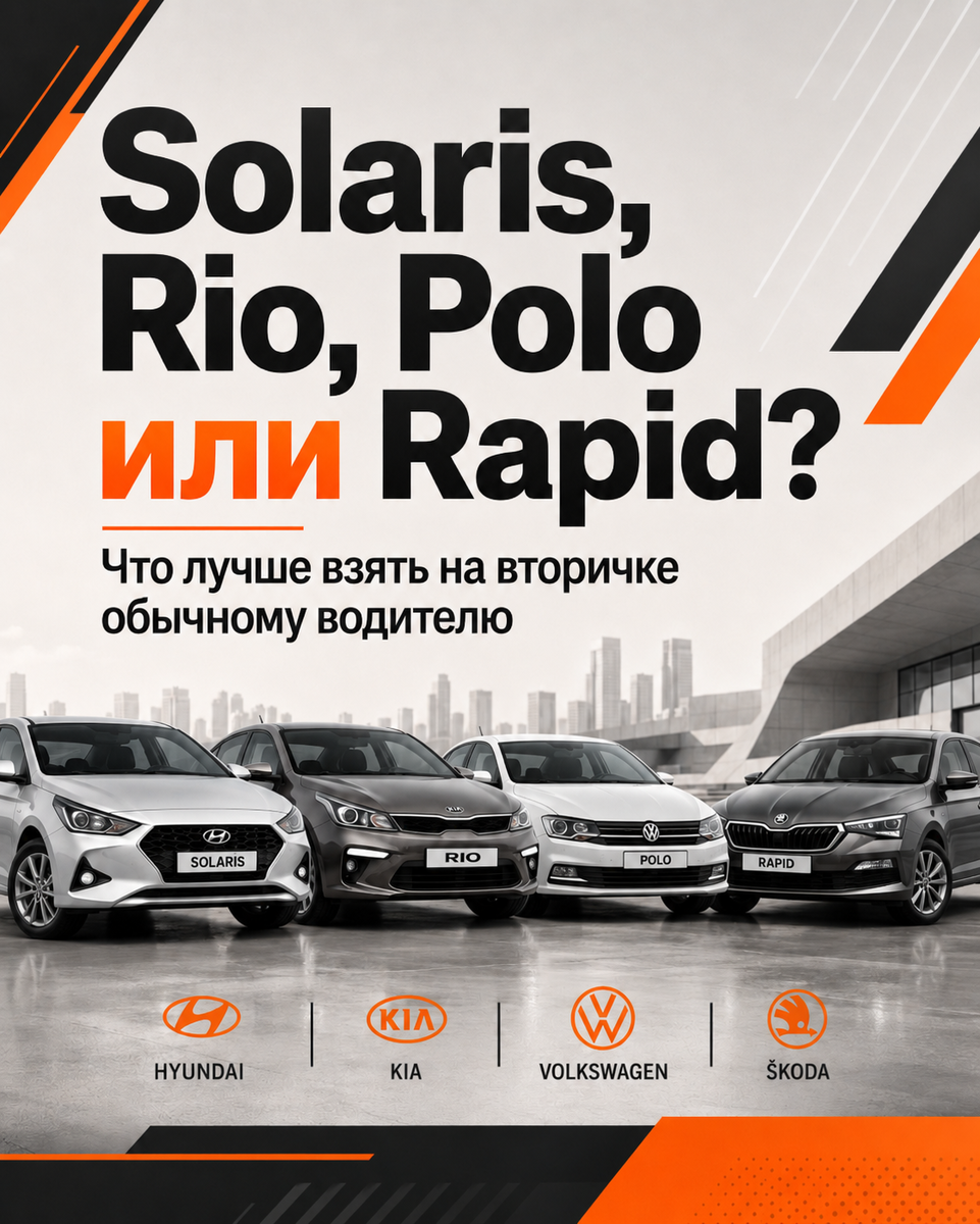 На вторичке эти машины часто стоят рядом по цене, но отличаются по характеру, салону, надежности и рискам. Разбираемся простым языком, что лучше выбрать: Solaris, Rio, Polo или Rapid.