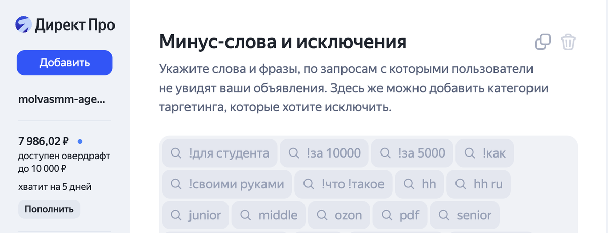 Раздел, в который необходимо добавить минус-слова и исключения