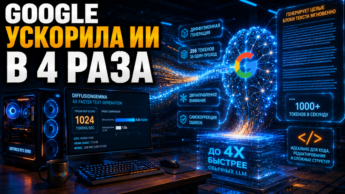 Google представила DiffusionGemma: новая ИИ-модель генерирует текст в 4 раза быстрее обычных нейросетей