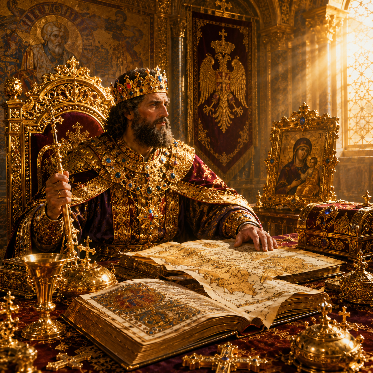 👑 Король изучает Священную Псалтирь при свете свечей, прося мудрости, защиты и Божественного руководства для своего народа и государства. В византийской традиции Псалмы Давида считались драгоценными духовными ключами для правителей в периоды кризисов, испытаний и принятия судьбоносных решений. ✝️🕊️