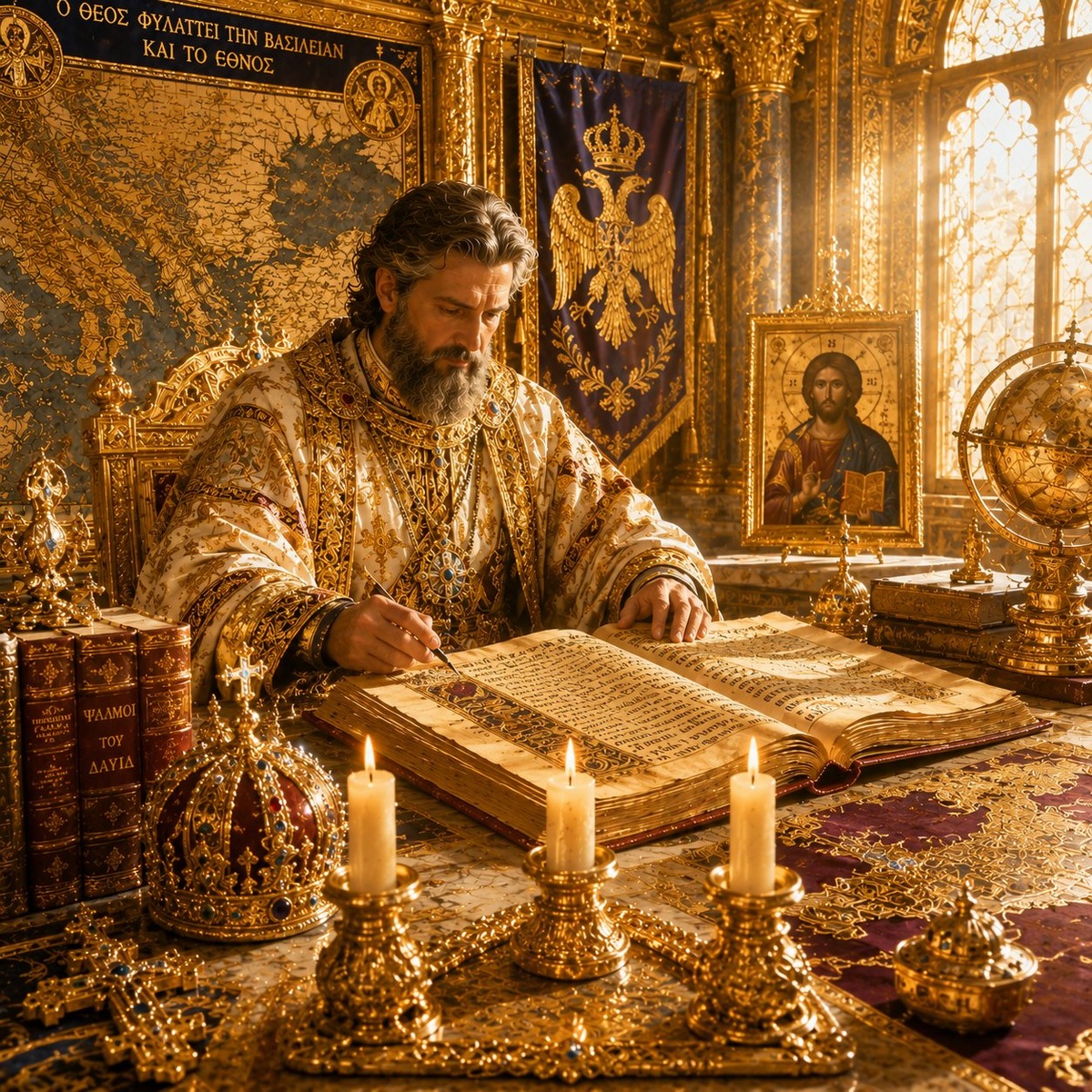 👑 Перед тремя свечами, установленными в форме священного треугольника, правитель раскрывает Псалтирь Давида и возносит молитву о защите государства, мудрости власти и мире для своего народа. В византийской традиции свет свечей символизирует Божественное руководство, а Псалмы считаются духовной опорой для правителей, военачальников и защитников Отечества. ✝️🕊️👑