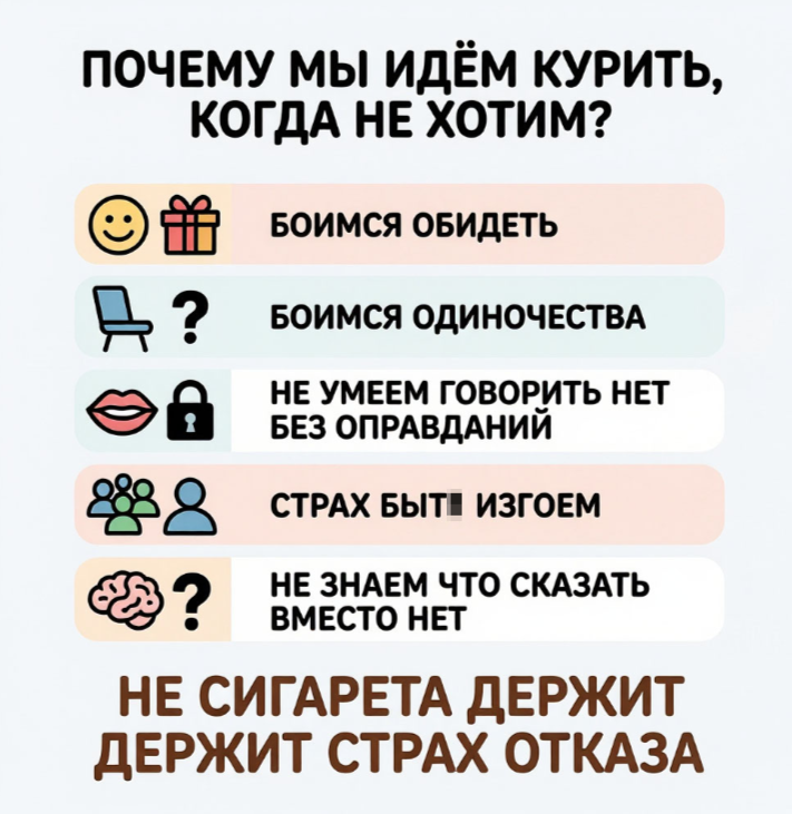 Друзья, представьте, что вы идёте по улице. Навстречу — человек с планшетом. «Не хотите поучаствовать в опросе?».  Вы не хотите. Но вы останавливаетесь, слушаете, а потом подписываетесь, потому что вам неудобно отказать. С сигаретой то же самое. Вас не заставляют насильно. Вас не приковывают наручниками к стойке курилки. Вас просто… зовут. А вы идёте. Потому что не можете сказать «нет». Не зависимость виновата. А то, что внутри вас нет кнопки «отмена».