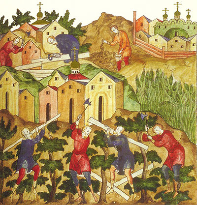 Рис. 116. Монастырские крестьяне. Миниатюра из Жития Сергия Радонежского». XVI век
