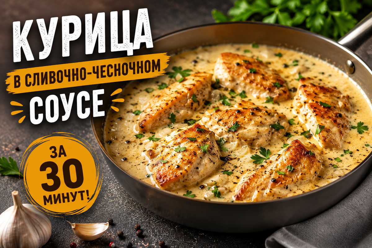 Аппетитная курица в сливочно-чесночном соусе, приготовленная на сковороде и украшенная свежей петрушкой. Нежные золотистые кусочки куриного филе покрыты густым кремовым соусом. На изображении размещен заголовок «Курица в сливочно-чесночном соусе» и отметка «За 30 минут». Домашнее блюдо для быстрого и вкусного ужина.