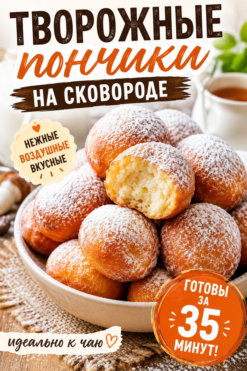 Пышные творожные пончики с золотистой корочкой, обильно посыпанные сахарной пудрой, поданы в светлой керамической миске. Один пончик разломлен, показывая нежную воздушную творожную начинку внутри. На фоне видны чашка чая и домашняя уютная сервировка. На изображении размещены надписи «Творожные пончики на сковороде», «Нежные, воздушные, вкусные» и «Готовы за 35 минут». Идеальный домашний десерт к чаю или кофе.