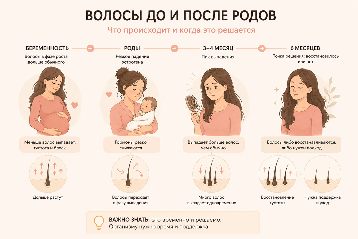 Механизм послеродового выпадения волос — таймлайн от беременности до 6 месяцев после родов