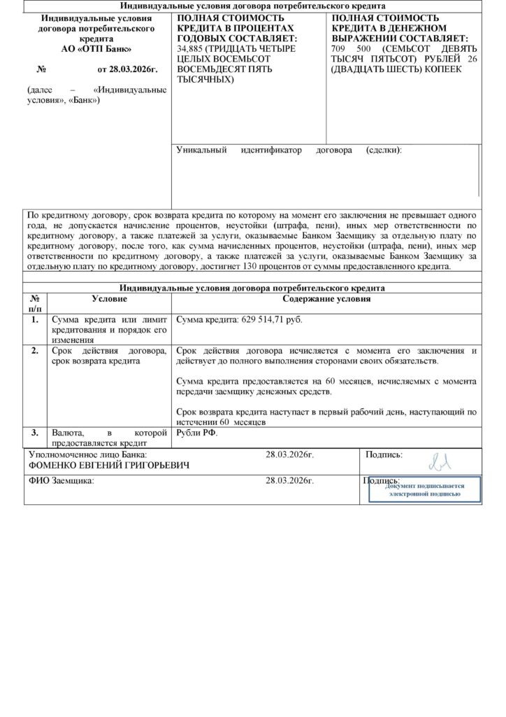 Кредитный договор в АО "ОТП Банк"