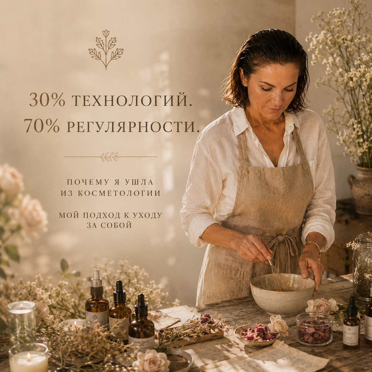 Несколько лет назад я приняла решение уйти из косметологии.

Для многих это было странно.

Ведь я знала кожу, работала с лицами женщин, видела результаты процедур.

Но именно там я поняла одну важную вещь.

Красота не создаётся за один час в кабинете.

Она создаётся каждый день дома.

Мы привыкли искать волшебное средство. Лучшего специалиста. Самую эффективную процедуру. Аппарат, который всё исправит.

Но правда оказалась гораздо проще.

Результат ухода за собой состоит примерно из:

30% — технологий и средств.

70% — регулярности.

Да, хороший специалист важен.

Да, качественная косметика важна.

Да, современные технологии могут помочь.

Но если женщина приходит ко мне раз в месяц, а остальные 29 дней ничего не делает для себя, результат будет очень ограниченным.

Кожа любит не подвиг.

Кожа любит постоянство.

Пять минут утром.

Пять минут вечером.

Мягкое очищение.

Несколько движений гуаша или массажа.

Капля масла.

Крем.

Спокойное прикосновение к себе.

Вот что меняет лицо через год.

Не одна процедура.

Не один дорогой крем.

Не один аппарат.

А сотни маленьких ежедневных действий.

С возрастом я стала понимать это особенно ясно.

Сегодня меня интересует не борьба с возрастом.

Меня интересует состояние женщины.

Когда она не спешит.

Когда смотрит на себя с уважением.

Когда уход становится не обязанностью, а ритуалом.

Именно поэтому сегодня я говорю не столько о косметике.

Я говорю о привычках.

О ритуалах.

О возвращении к себе.

Потому что настоящая красота рождается не в кабинете специалиста.

Она рождается в тех десяти минутах, которые женщина ежедневно посвящает самой себе.

Невозможно вырастить розу одним обильным поливом раз в месяц. Нужно ухаживать за садом понемногу, но каждый день. И кожа работает точно так же. 
