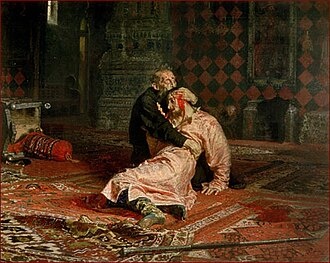 Илья Репин. «Иван Грозный и сын его Иван 16 ноября 1581 года», 1885. Холст, масло. Государственная Третьяковская галерея, Москва. Источник: Wikimedia Commons, public domain.