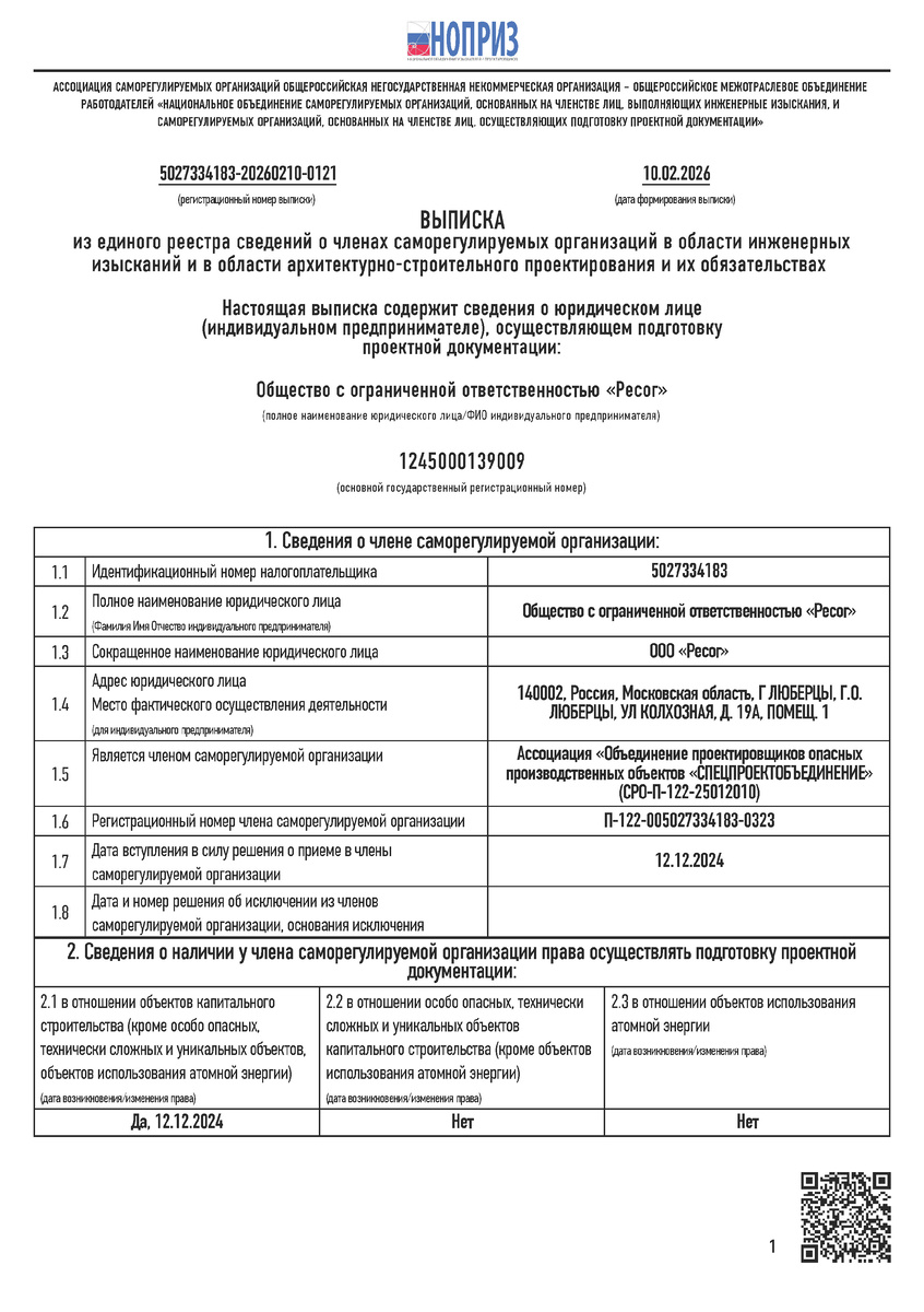Пример допуска СРО ( выписка НОПРИЗ 2026 из единого реестра сведений о члене саморегулируемой организаций) 