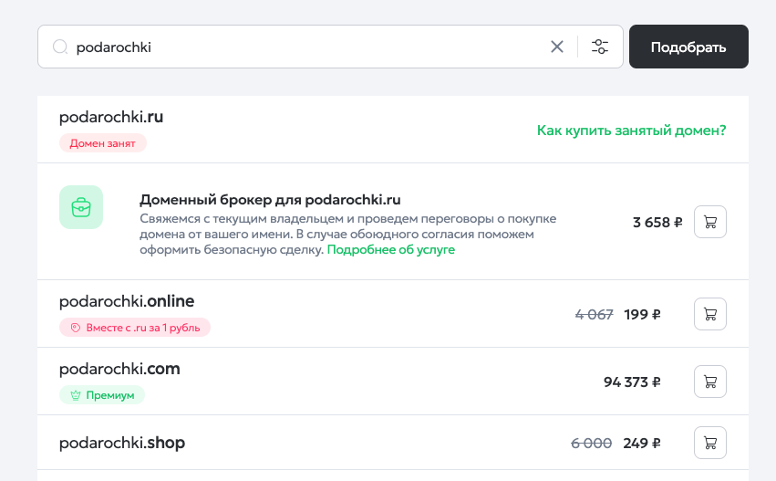 Проверяем на сайте reg.ru, можно ли зарегистрировать домен с популярным именем podarochki. Доменная зона имеет значение: за домен podarochki.com придется заплатить почти сто тысяч рублей. А вот то же имя в зоне .shop обойдется всего в 249 рублей