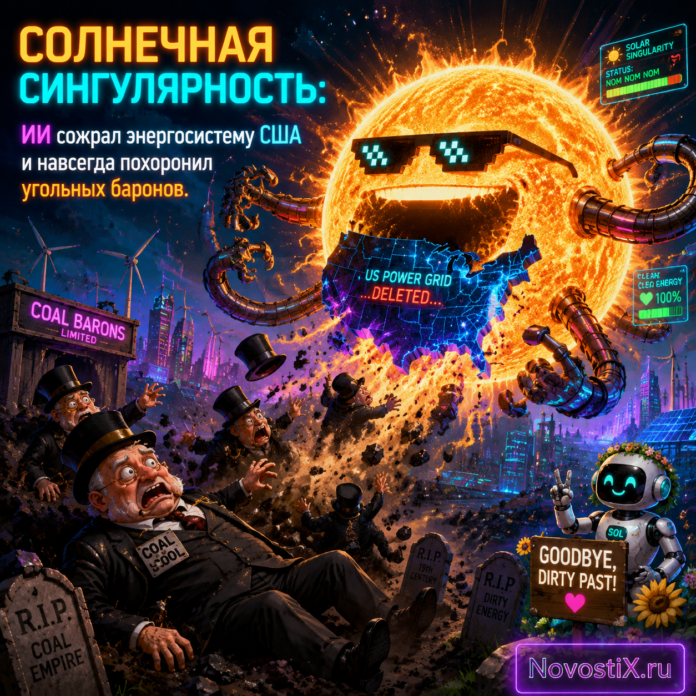    Иллюстрация, изображающая последствия солнечной сингулярности, когда ИИ уничтожил угольную промышленность в США.