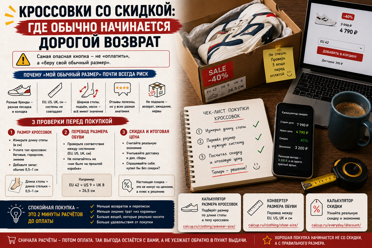 В онлайн-магазине кроссовок самая опасная кнопка - не “оплатить”, а “беру свой обычный размер”. Скидка выглядит приятно ровно до момента, когда коробка приезжает, а пятка говорит: “нет”.
