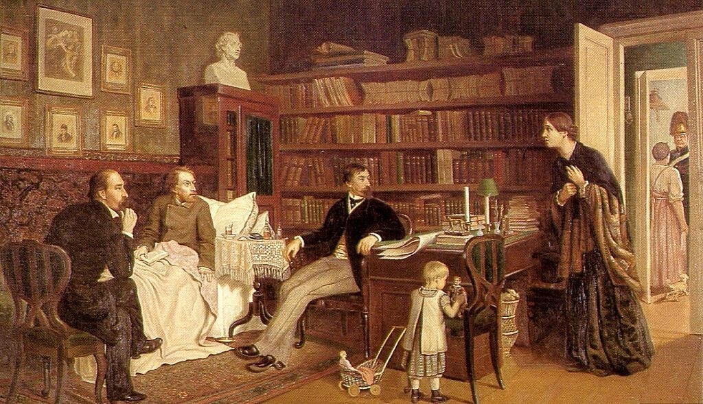    Николай Некрасов и Иван Панаев у больного Белинского. Художник А. Наумов. 1881 год