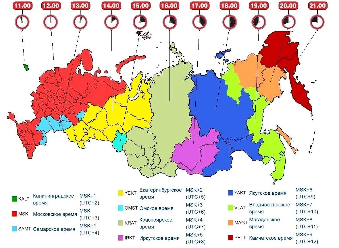 Схематичная карта разделения территории России на одиннадцать временных зон, наглядно иллюстрирующая разницу во времени между различными регионами страны. vk.com, WorldOfGeography