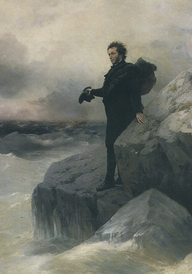 И. Айвазовский, И. Репин. Прощание Пушкина с морем, 1877 г. Всероссийский музей А. С. Пушкина. Иллюстрация: Wikimedia Commons / Общественное достояние. Илья Репин гордился тем, что его фигура поэта органично вписалась в грандиозный шторм Айвазовского.