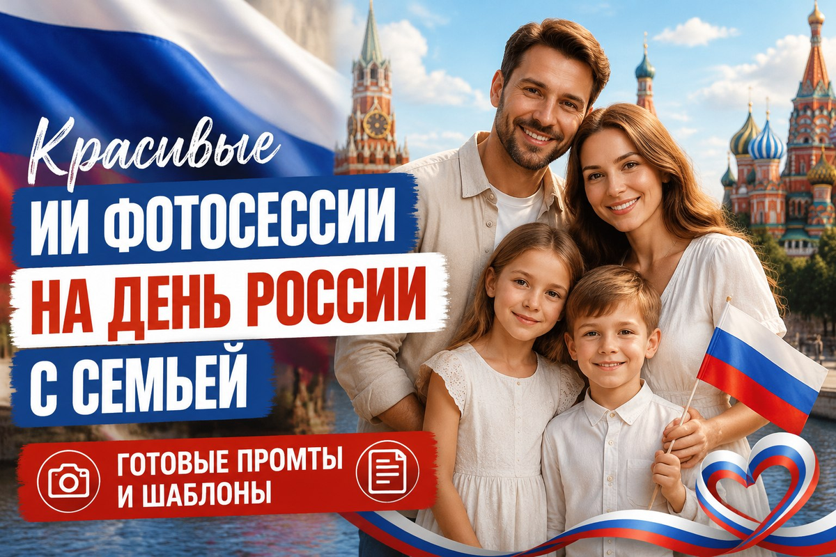 Красивые ИИ фотосессии на День России с семьей - готовые промты и шаблоны