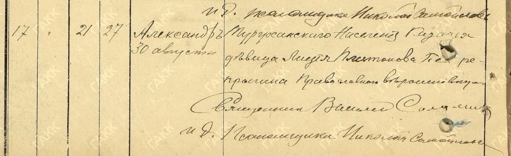   Запись № 17, согласно которой Александр Перепрыгин родился 21 августа 1917 г., а не 6 ноября 1917 г. В столбце "Родители" записано: "Туруханского населения казачья девица Лидия Перепрыгина православного вероисповедания". / Фото: ГАКК