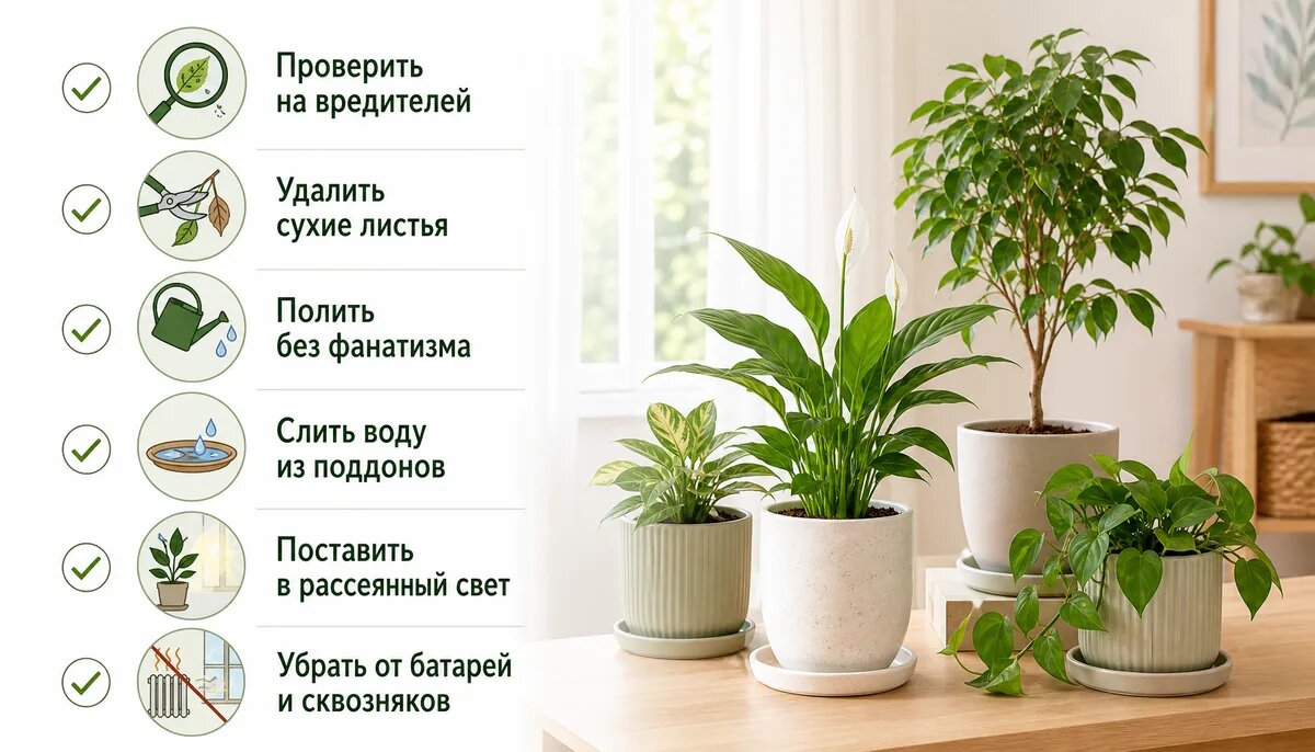 Светлая инфографика о том, как подготовить комнатные растения к отъезду за сутки до поездки.