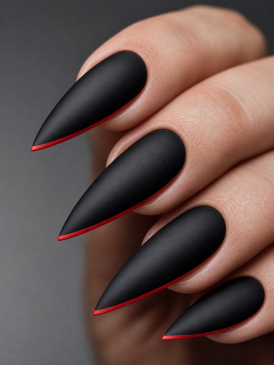    Маникюр в стиле Red Sole Nails: матовые черные ногти-стилеты с тонкой красной линией снизу.
