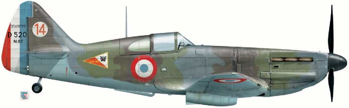 Dewoitine D.520 № 87 «14» сержанта Марселя Альбера, 2-я эскадрилья GC I/3, Вез-Туизи, 14 мая 1940 г. [реконструкция].