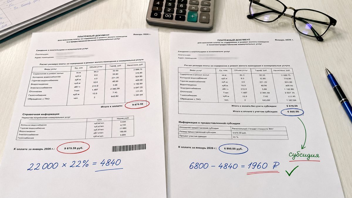 У Валентины Петровны при пенсии 22 000 рублей и платеже 6 800 выходит 1 960 рублей субсидии в месяц.
