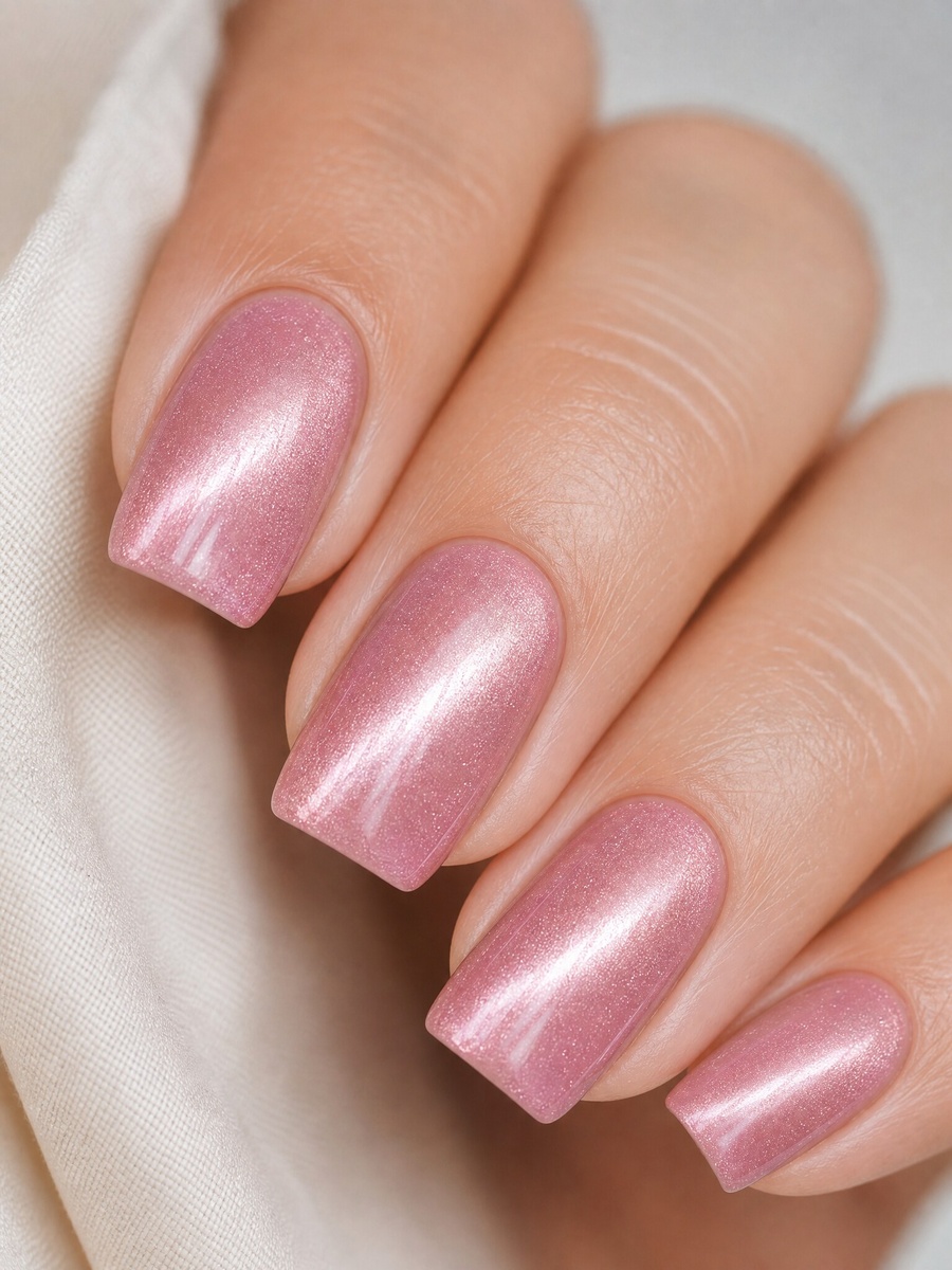    Нежный розовый маникюр Soft Pink Cat-Eye на ногтях формы squoval средней длины.