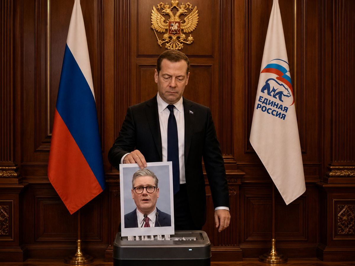    ИИ-видео Медведева, на котором он отправляет фото западных политиков в шредер | © medvedev_telegram