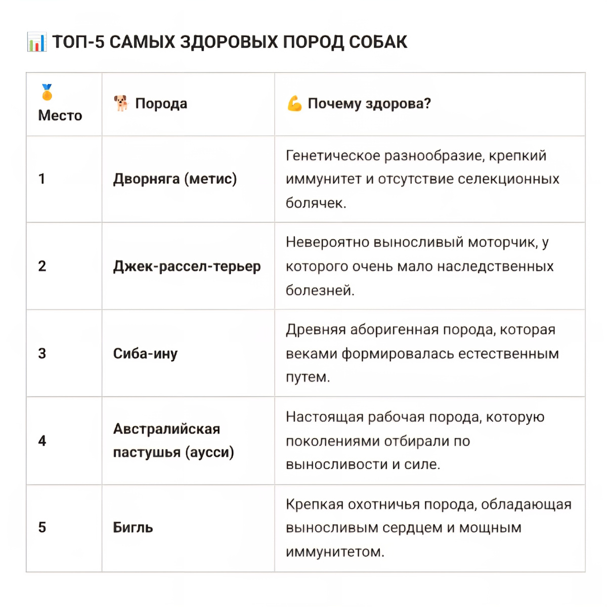 Таблица с топ-5 пород и их особенностями