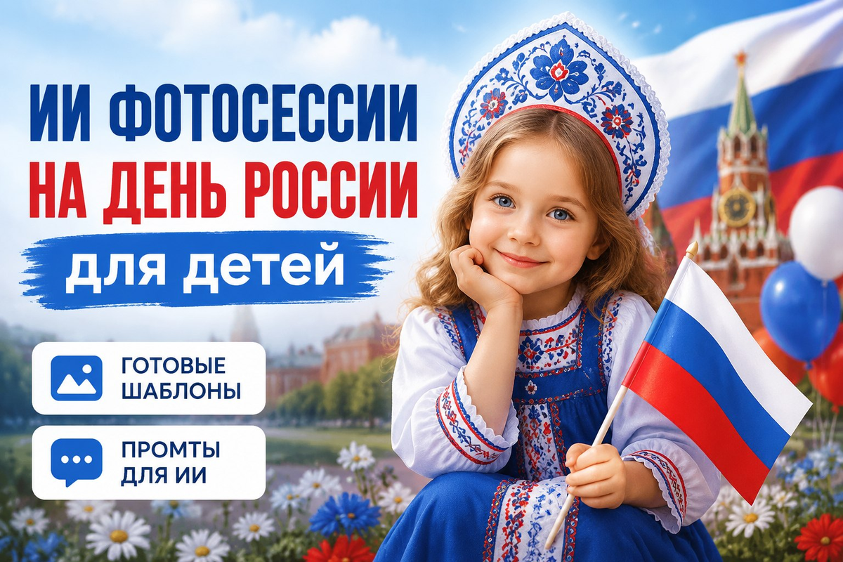 ИИ фотосессии на День России для детей - готовые шаблоны и промты
