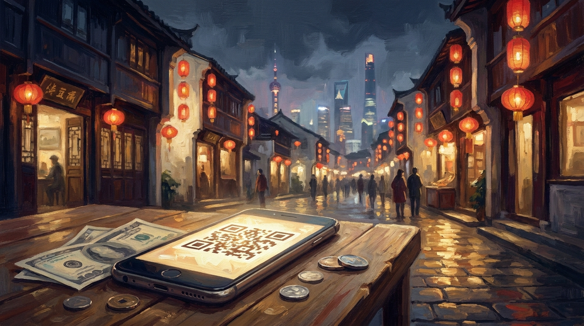 Вечерняя улица с красными фонарями, телефон с QR-кодом и юани — оплата в Китае.