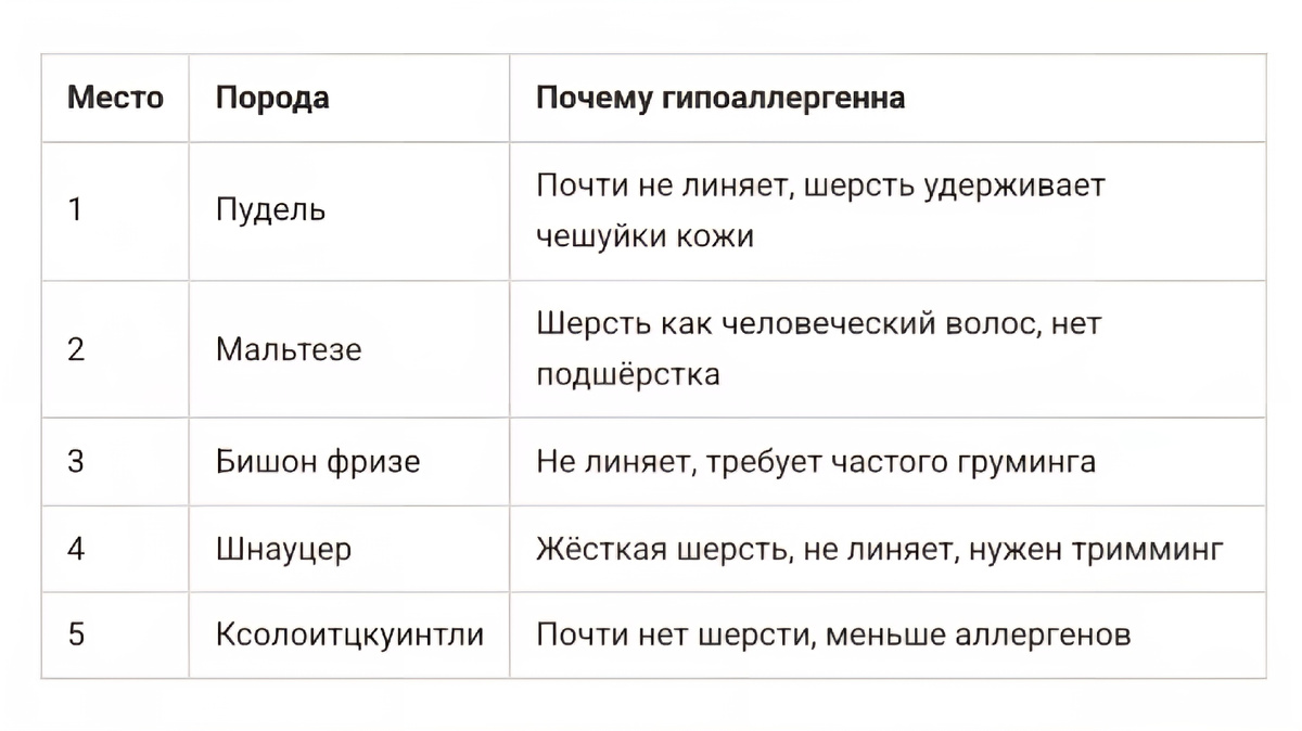 Таблица с топ-5 пород и их особенностями