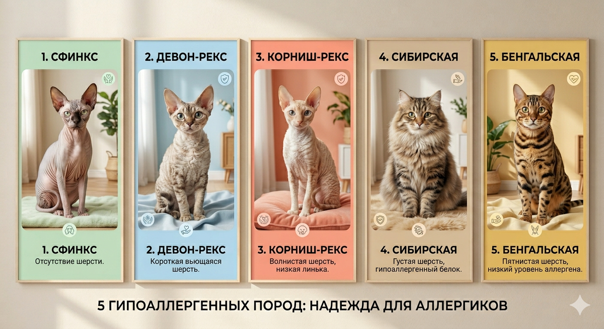 Самые гипоаллергенные породы кошек: топ-5 для аллергиков. Сфинкс, девон-рекс, корниш-рекс, сибирская, бенгальская. Правда и мифы о гипоаллергенности. Читайте в блоге «Жизнь с лапками» 🐱🤧