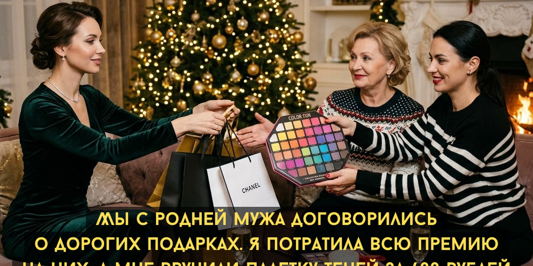 Мы с родней мужа договорились о дорогих подарках. Я потратила всю премию на них, а мне вручили палетку теней за 600 рублей