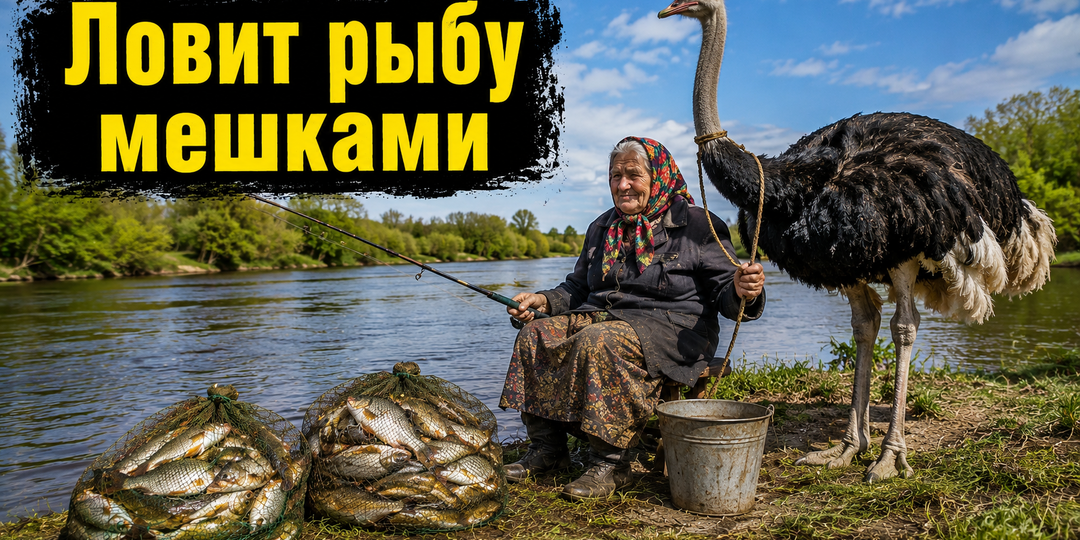 Рыбаки увидели бабку со страусом, который ловит рыбу и подошли узнать. Остались без денег