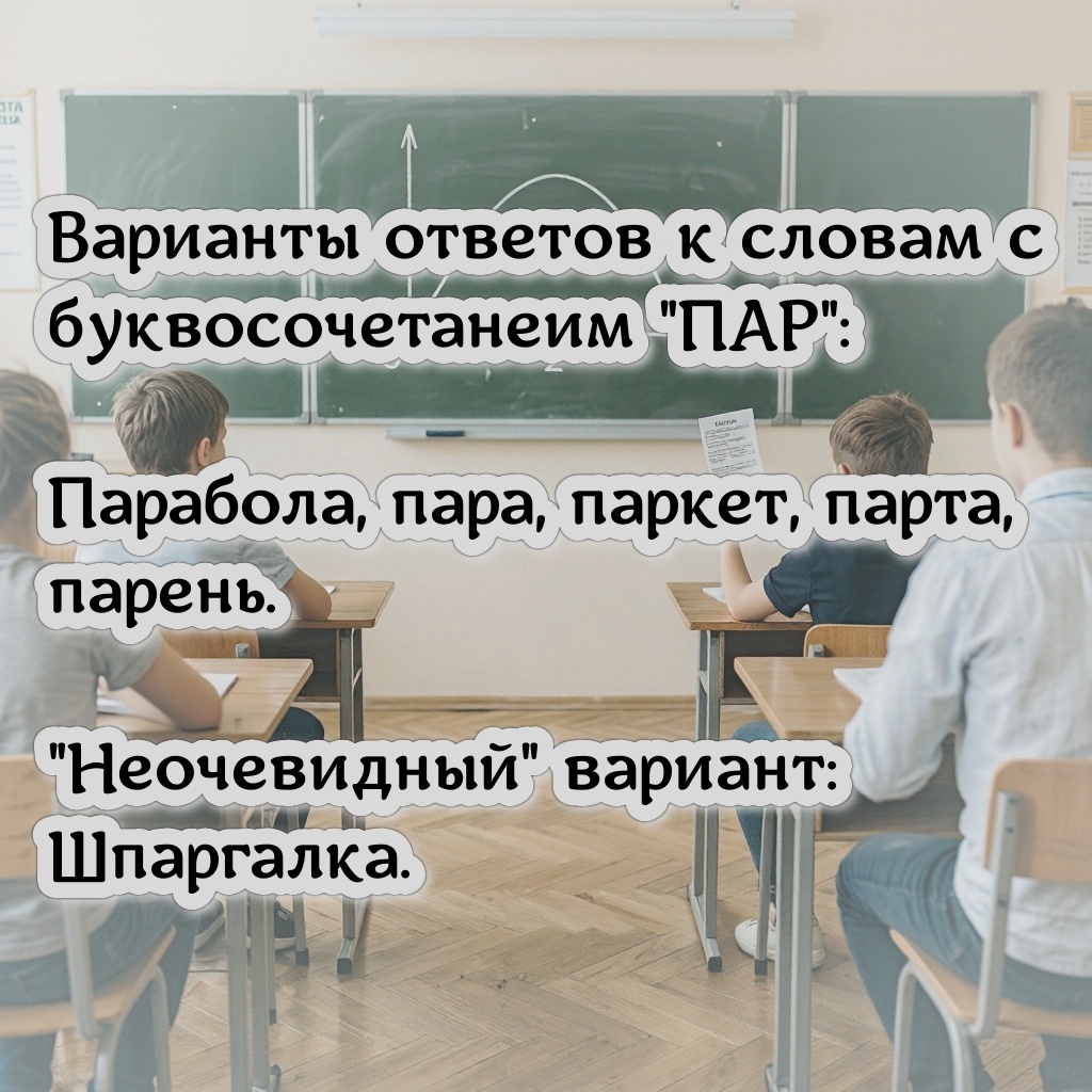 Парабола, пара, паркет, парта, парень. "Неочевидный" вариант: Шпаргалка.