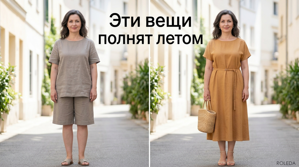 ❌ До: безликий летний образ, который полнит - прямой балахон без талии, тусклый оттенок
✅ После: тот же типаж в струящемся образе светлого оттенка с обозначенной талией - силуэт стройнее и легче