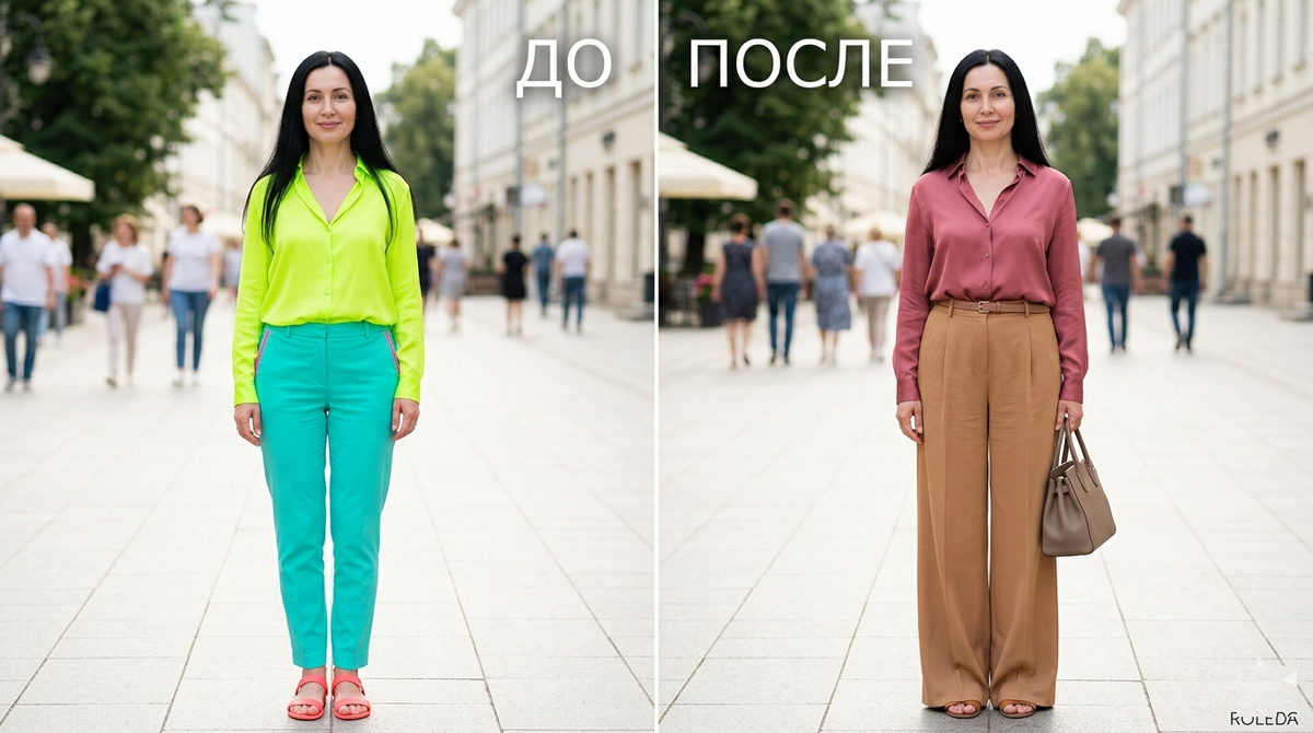 ❌ До: кислотный неон, который удешевляет образ. ✅ После: благородная пыльная роза и тёплый карамельный беж.