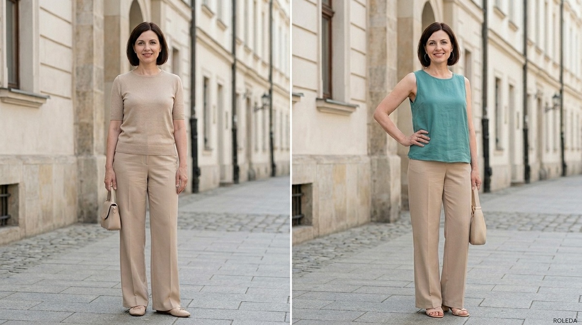 ❌ До: женщина в комплекте total beige - бежевый топ, песочные брюки, светлая сумка; всё в одной гамме и одинаковой гладкой фактуре, образ ровный и слегка блёклый.
✅ После: та же светлая база, но добавлен один сочный акцент цвета Marina - сине-зелёный топ или платок; образ сразу ожил и стал выразительным.