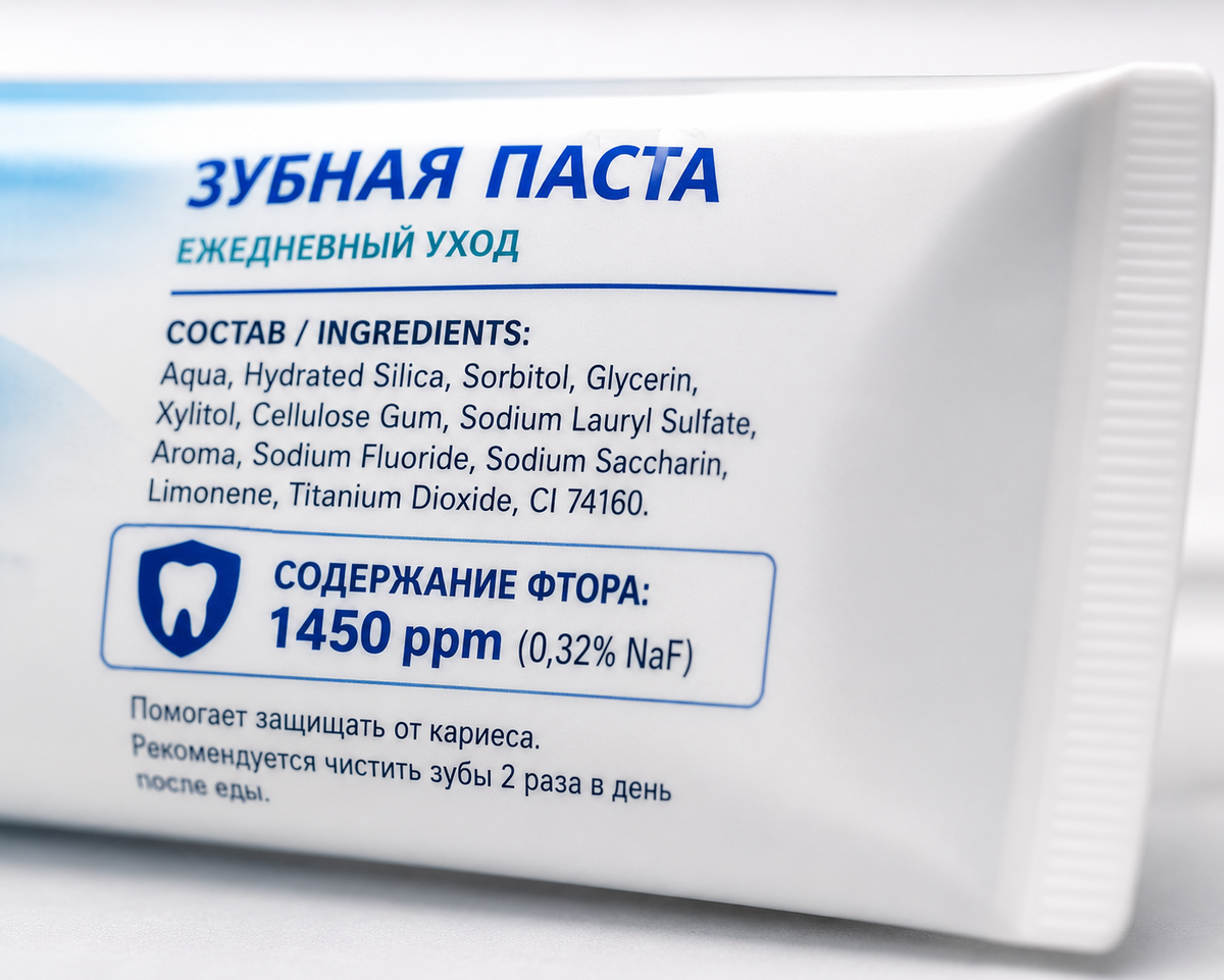 Тюбик зубной пасты с указанием концентрации фтора на упаковке — крупный план состава