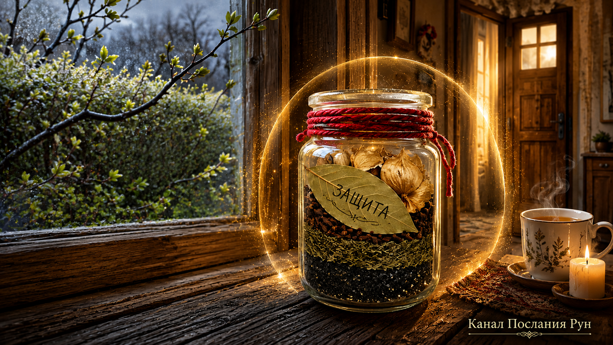 Баночка-оберег из чёрной соли, сушёной крапивы, гвоздики, чесночной шелухи и лаврового листа для защиты дома, внутренней силы и душевного покоя.